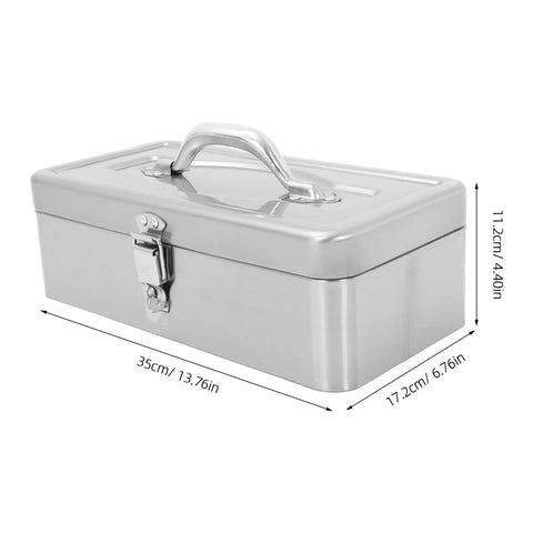 Heavy Duty Stainless Steel Toolbox With Large Capacity Tool Box Organizer And Portable Carry Handle, shown with dimensions