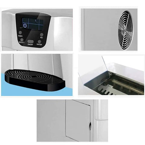 Top Shelf Portable Countertop Ice Maker With Sleek Stainless Steel Build features control panel, ice tray and ventilation details.