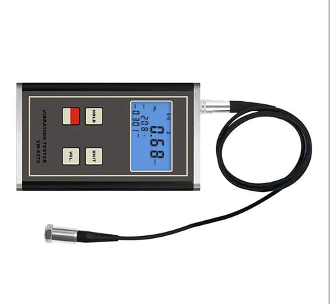 Digital Vibration Meter VM-6370 For Moving Machinery Unbalance And Deflection Testing With Piezoelectric Sensor Rugged Pro-Grade Precision Vibration Readings Measures Acceleration Velocity And Displacement Across Wide Frequency Range handheld unit with probe cable