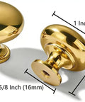 Top Shelf Unlacquered Brass Cabinet Knobs, 1 Inch Round Vintage Hardware, 5 Pack, shown with measurements and shiny finish.