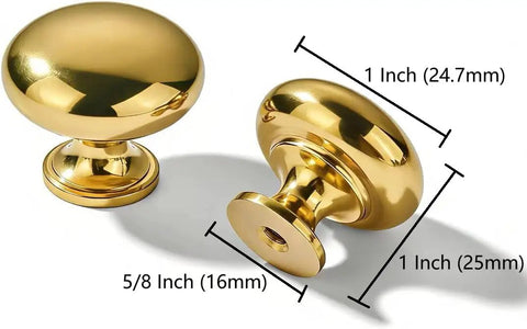Top Shelf Unlacquered Brass Cabinet Knobs, 1 Inch Round Vintage Hardware, 5 Pack, shown with measurements and shiny finish.
