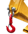 Workhorse 3 Ton Forklift Jib Boom Crane Telescopic Mount With Dual Forks close-up of red hook attachment and yellow steel frame