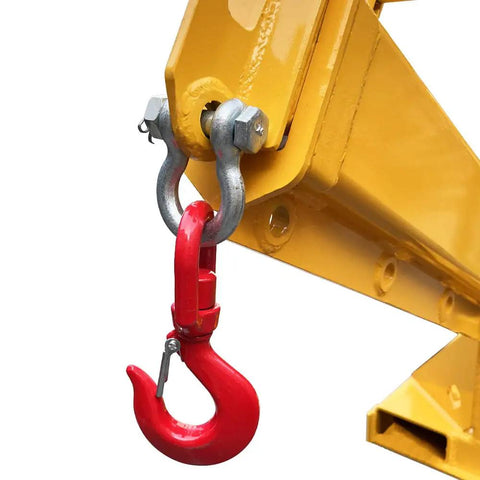 Workhorse 3 Ton Forklift Jib Boom Crane Telescopic Mount With Dual Forks close-up of red hook attachment and yellow steel frame
