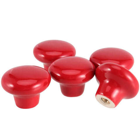 Killer Red Ceramic Cabinet Knobs 35 Pack Mushroom Button Single Hole Door Pulls With Screws For Kitchen Cupboard Dresser Wardrobe Fresh Smooth Glossy Finish. Five glossy red cabinet knobs in varying angles.