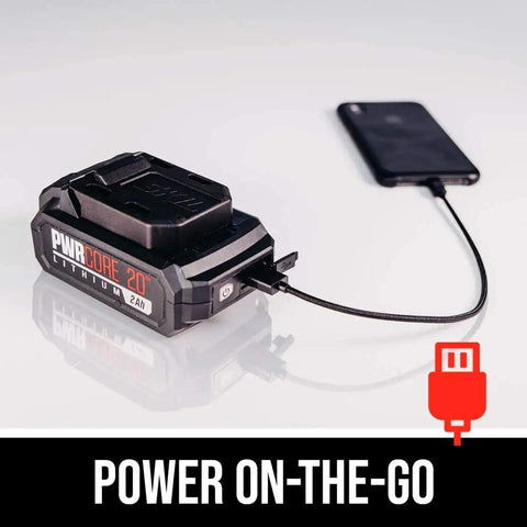 Built Tough Cordless Drill And Impact Driver Combo Kit With Brushless 20 Volt Motors features a compact lithium battery and phone charger.