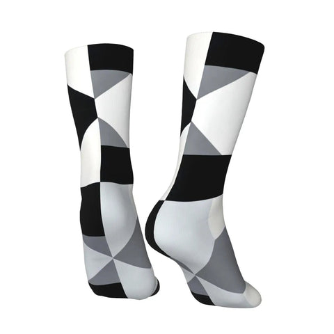 Upgrade Your Fit With Black And White Piano Grid Print Socks For Men And Women Moisture Wicking Polyester Crew Socks in geometric design.