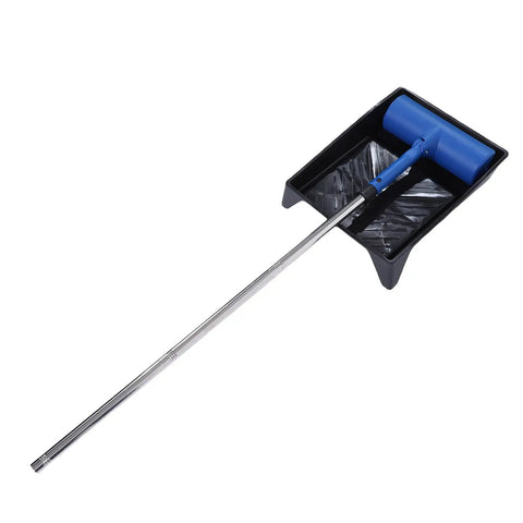 Pro Grade Telescoping Paint Roller Kit With Heavy Duty Stainless Steel Extension Pole Conquer High Ceilings And Tall Walls Without A Ladder Straight Up Project Essential with blue roller and tray.