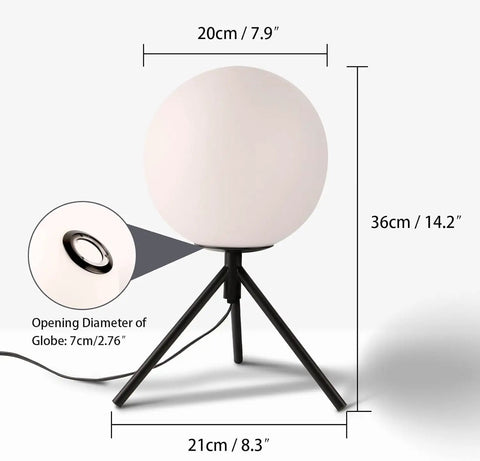 Modern Black Globe Table Lamp With Opal Glass Ball On A Metal Tripod Base Mid Century Inspired Bedside Lamp dimensions