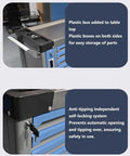 Side view of rolling tool cart with plastic boxes, anti-tip system, and lock feature. Rolling Tool Cart With Wheels Heavy Duty Tool Chest.