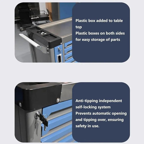 7 Drawer Rolling Tool Cart With Wheels Tool Chest And Cabinet With Independent Self Locking Anti Tip System And Rolling Tool Box Organizer For Warehouses And Workshops Built With Heavy Duty Cold Rolled Steel For Maximum Durability And Large Capacity, top tray and lock close-up