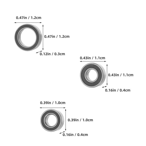 16-Piece RC Ball Bearing Kit With Deep Groove Sealed Steel Bearings For Replacement And Performance, Plug-And-Play Install, Universal Compatibility For Cars Boats Drones And Electric Motors, Durable Precision Balance. Three sealed steel bearings with size labels.