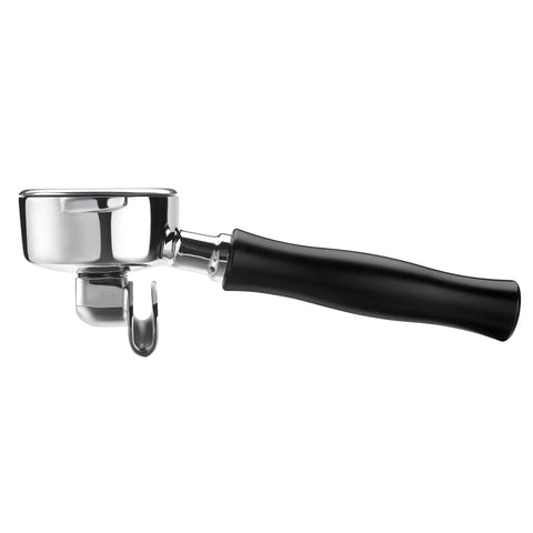 Side view of Two Cup 58mm Double Spout Portafilter With Basket For E61 And Flair 58 Espresso Machines Anodized Aluminum Handle