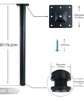 30 Inch Adjustable Metal Desk Legs Set Of Four With Square Mounting Plates Matte Black For Home Office Tables, Heavy Duty Furniture Legs, 2 Inch Diameter, 1 Inch Adjustable Screws, Built To Last, with size details and components.