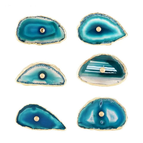 Real Deal Agate Stone Drawer Pulls With Sparkling Gold Plated Borders, set of six blue knobs with gold mounts.