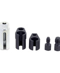 Master Crafted Five Piece O2 Oxygen Sensor Socket Kit With Offset 6 Point Low Profile Head And Sharp Thread Chaser For No Sweat Exhaust Removal In Grease Monkey Friendly Tight Spots Using Any Standard Ratchet, showing included tools.