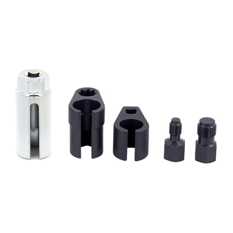 Master Crafted Five Piece O2 Oxygen Sensor Socket Kit With Offset 6 Point Low Profile Head And Sharp Thread Chaser For No Sweat Exhaust Removal In Grease Monkey Friendly Tight Spots Using Any Standard Ratchet, showing included tools.