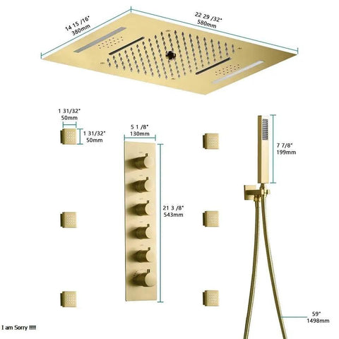 Top Shelf Led Shower System With Built In Bluetooth Speakers And 15X23 Panel dimensions and components layout for easy installation.