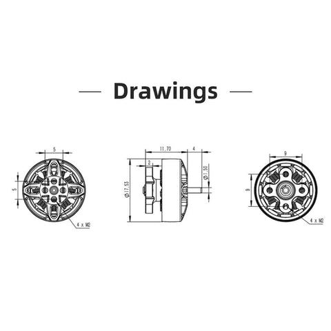 Technical drawings of Specter 1303.5 5500KV Brushless Motor for 2 to 4S tiny drones, featuring dimensions and detailed view.