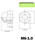 Technical drawing of Size M6 Black Acorn Cap Nuts Set Of 20 Stainless Steel 18 8 304 With Electroplated Black Finish dimensions shown.