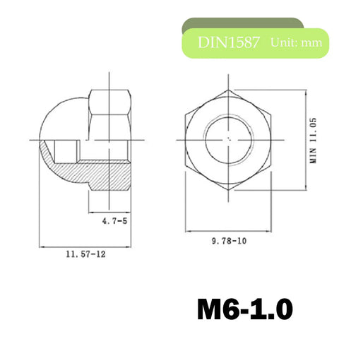 Technical drawing of Size M6 Black Acorn Cap Nuts Set Of 20 Stainless Steel 18 8 304 With Electroplated Black Finish dimensions shown.
