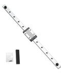 300mm Linear Rail Guide Kit With MGN12H Stainless Steel Carriage Block For DIY 3D Printers And Small CNC Machines Preloaded Ball Bearings For Smooth Motion And Precise Positioning End Stoppers Included. Image shows the stainless steel rail and components.