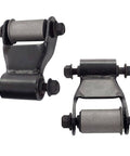 Leaf Spring Shackle Repair Kit Direct Bolt In With Bushing And Mounting Hardware For 1997 To 2010 Dodge Dakota And 2000 To 2003 Ram 1500 Rear Suspension Includes Two Shackles Two Spring Bushings Four Mounting Bolts And Four Lock Nuts. Rear view of two shackles with bushings and bolts.