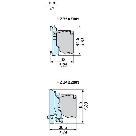 Technical drawing of Harmony XB4 Single Contact Block dimensions for industrial machines and control panels.