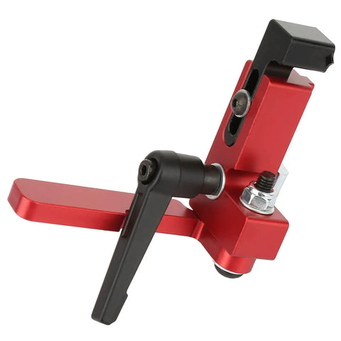 Durable Alloy Steel Type 75 Miter Track Stop for woodworking featuring red alloy steel and black handle for T track rails.