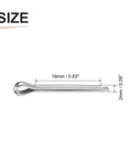 Front view of 30 Pack 2mm By 16mm Cotter Pins Hairpin Clips 304 Stainless Steel Silver Finish Durable For Machinery and Equipment 0.08 Inch Diameter 0.63 Inch Short Side Split Pins showing size dimensions.