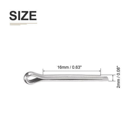 Front view of 30 Pack 2mm By 16mm Cotter Pins Hairpin Clips 304 Stainless Steel Silver Finish Durable For Machinery and Equipment 0.08 Inch Diameter 0.63 Inch Short Side Split Pins showing size dimensions.