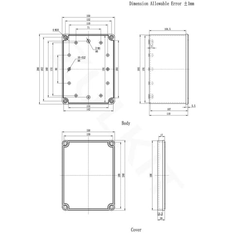Heavy Duty IP67 Waterproof Junction Box dimensions diagram, showcasing size 7.87x5.59x5.12 inches, ABS plastic, engineered for outdoor wiring.