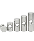 5 Pack Barrel Nuts And Cross Dowel Bolts Set In Silver Stainless Steel For Quick Furniture Assembly shown in various sizes