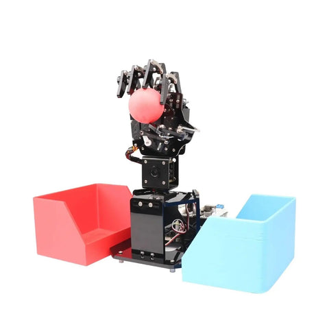 Palm Robot Manipulator With Visual Somatosensory Recognition And Pi Programming For A Hands On AI Vision Learning Drawing And Imitation Through Multiple Control Methods Ideal For Coding Projects And Prototyping, black metal robot hand with red ball