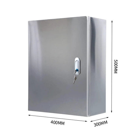 Stainless Steel Weatherproof Junction Box Enclosure For Solar PV And Power Distribution, 304 Grade Metal Project Box 500x400x300mm, Rugged Outdoor Electrical Box, front view with lock and size markings