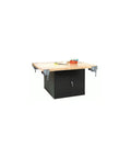 Badass Cabinet Workbench Built For Tough Backyard Shop Sessions Blasting Black Baked Enamel Steel Bodies Meeting Thick Durable Wooden Tops Paired With Four Rock Solid Bench Vises, showing large maple top and lockable side cabinet.