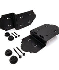 The Ozco Building Products Laredo Sunset Post To Beam Coupler Kit Features Corrosion Resistant Coated Steel And Includes Two Base Plates Plus Two Top Plates With Hex Cap Nuts And Timber Screws Ideal For Saw Horses And Deer Stand Projects. black coated steel post-to-beam coupler kit with hex nuts and screws