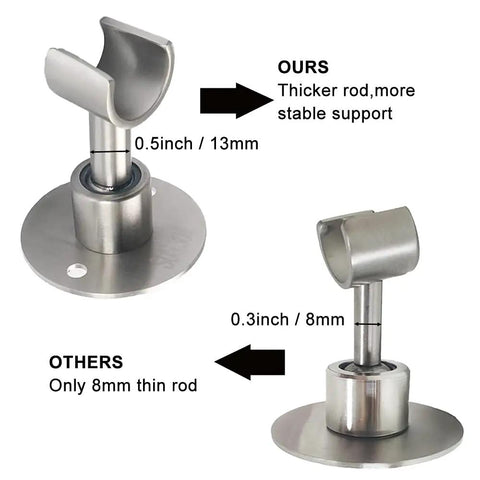 Comparison of stainless steel shower head holders; thicker 0.5 inch rod and thinner 0.3 inch rod, wall mount bracket.