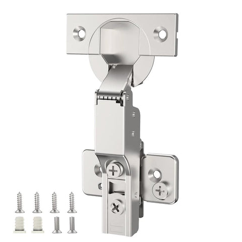 60 Pack Frameless Half Overlay Soft Close Concealed Cabinet Hinges Satin Nickel Clip On Self Closing 105 Degree Open Angle, screws shown
