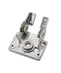 Rotating tilting torque hinge, angled view, 304 stainless steel, dual-axis, mounted on square base plate with mounting holes