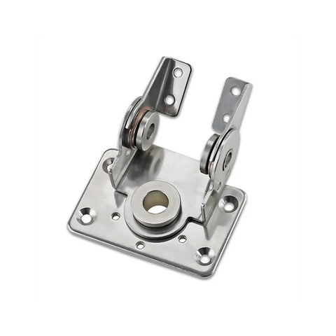 Rotating tilting torque hinge, angled view, 304 stainless steel, dual-axis, mounted on square base plate with mounting holes
