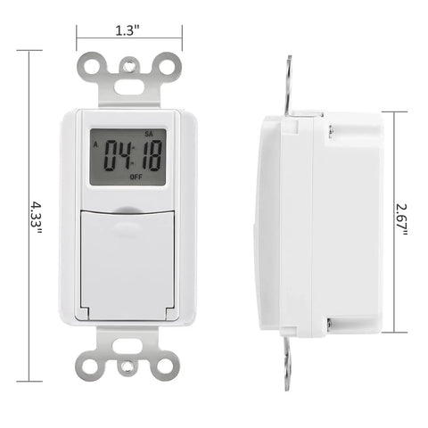 In Wall Timer Switch for Lights and Fans, 7 Day Programmable Digital Timer with 7 On Off Settings, side and front view