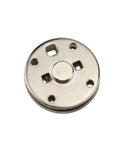 Round metal disk hinge damper for adjustable-torque pivot; front view with central boss and mounting holes.