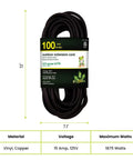 16/3 100 Foot Black Outdoor Extension Cord Heavy Duty Moisture Resistant Ideal For Tools And Equipment Contractor Grade
