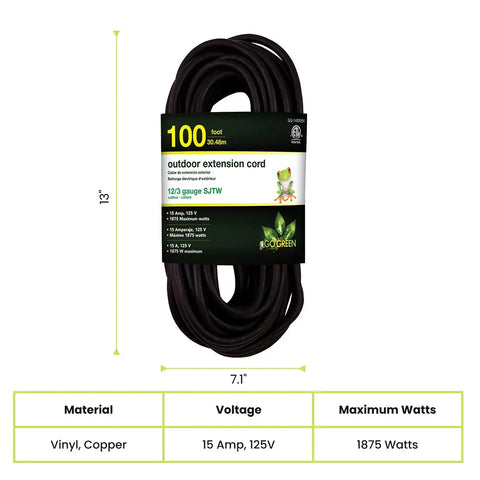 16/3 100 Foot Black Outdoor Extension Cord Heavy Duty Moisture Resistant Ideal For Tools And Equipment Contractor Grade