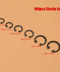 100Pcs Black C Clips Snap Circlip Assortment Kit For Internal External Lock Retaining Rings 11mm To 21mm Six Sizes With Box For Industrial Fasteners Applications shown in various sizes.