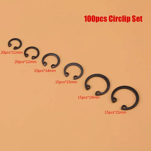 100Pcs Black C Clips Snap Circlip Assortment Kit For Internal External Lock Retaining Rings 11mm To 21mm Six Sizes With Box For Industrial Fasteners Applications shown in various sizes.