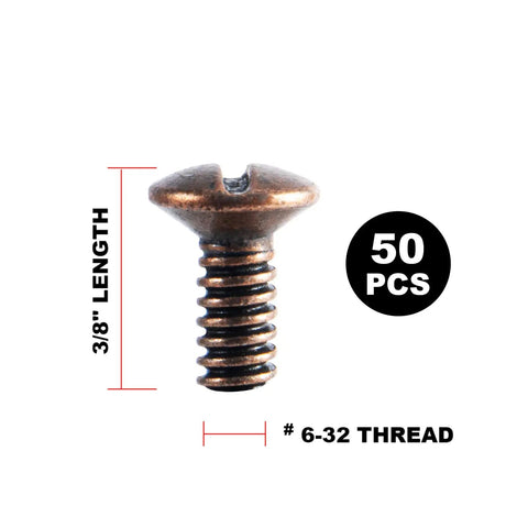 Top Tier Replacement Wall Plate Screws Featuring A Hella Sweet Antique Copper Finish 50 Piece Set crafted from tough carbon steel, 3/8 inch length, 6-32 thread.