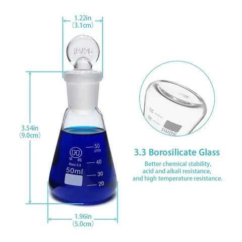 3 Piece Glass Erlenmeyer Flask Set 50ml 150ml 250ml with Stoppers and Cleaning Brush Borosilicate 3.3 Narrow Mouth Lab