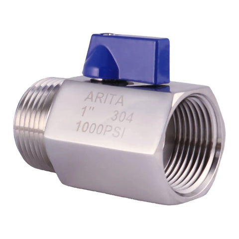 Mini Ball Valve Three Quarter Inch Stainless Steel 304 Reduced Port 1000 PSI For Water Oil And Gas With Blue Handle Side View