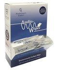 Box of Audio Wipes featuring Alcohol Free Hearing Aid Cleaning Wipes for Earbuds and IEMs 100 Towelettes displayed.